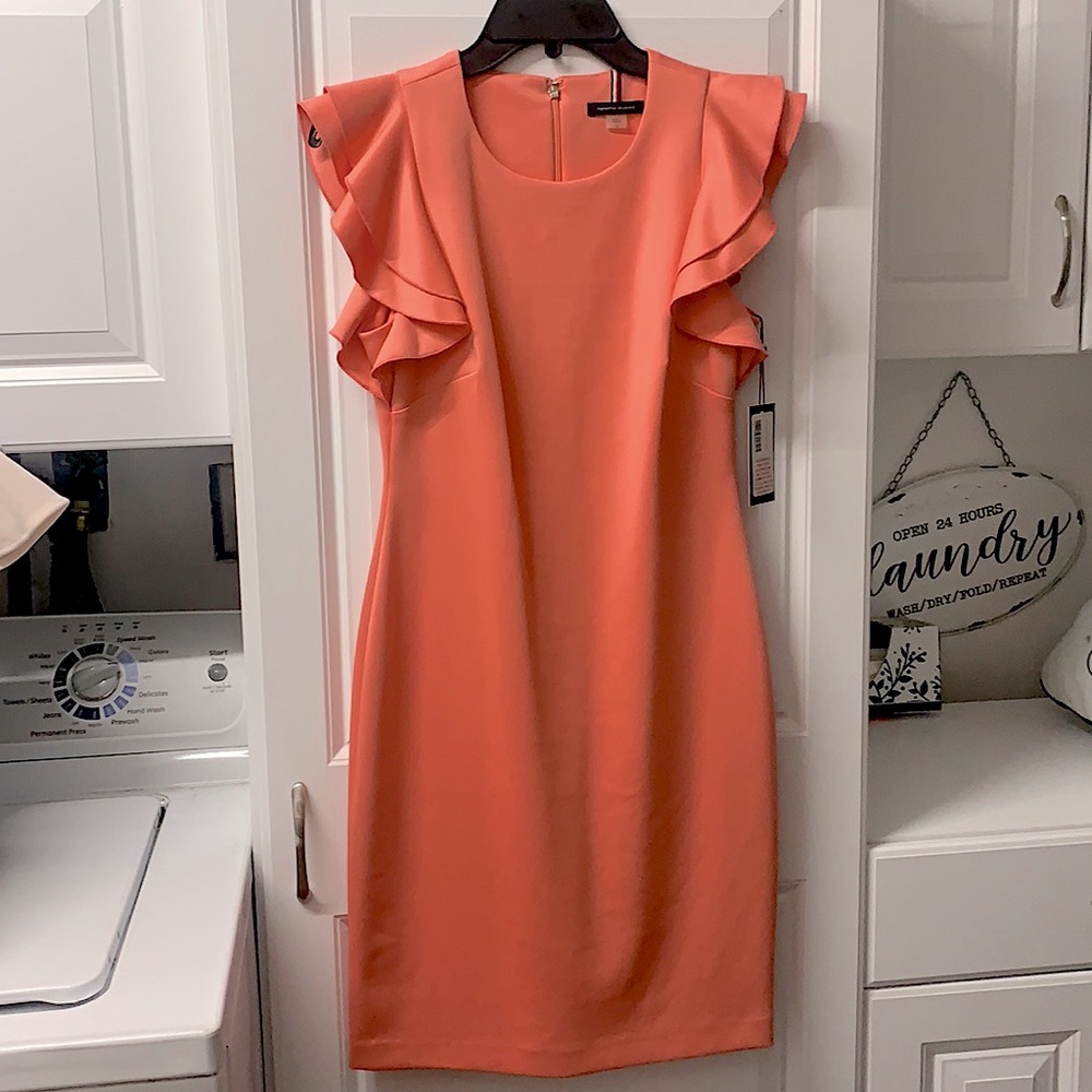 Tommy Hilfiger Salmon/Coral Pink Short Knit Dress With Ruffle Cap Sleeves